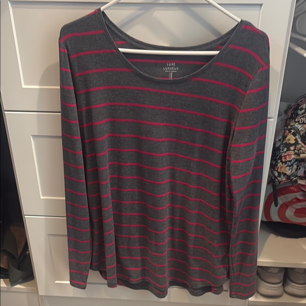 GAP Gray and Pink Striped Long Sleeve Tee